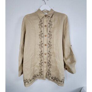 Allison Taylor Womens Beige Embroidered 100% Linen Button-Up Shirt Large New